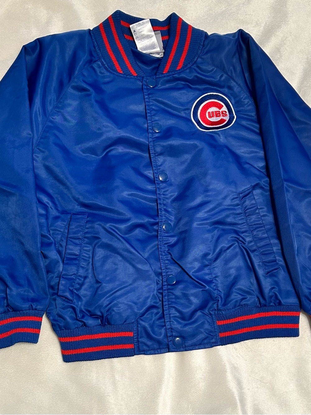 MLB Cubs Royal Blue and Red Satin Bomber Jacket - Kids